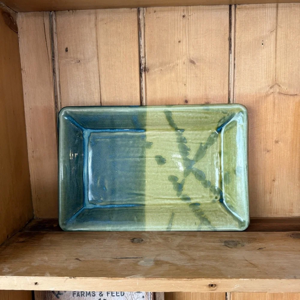 Vintage Studio Pottery Platter, blue and green glaze.